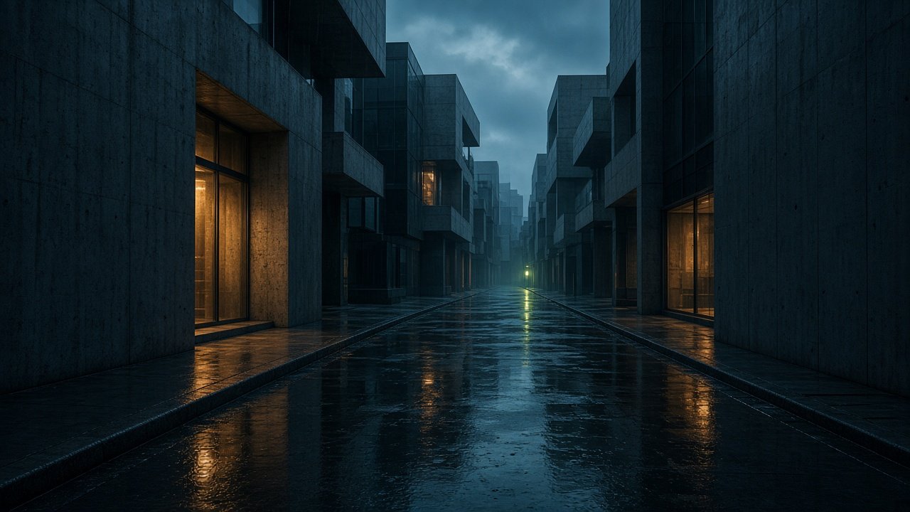 Cinematic city architecture and rain-lit reflections after dark.